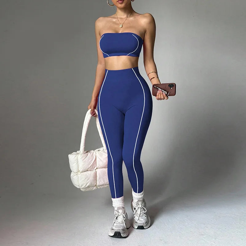 Yoga wear set, women's color-blocking corset top, peach-butt slim-fit long pants, fitness sportswear