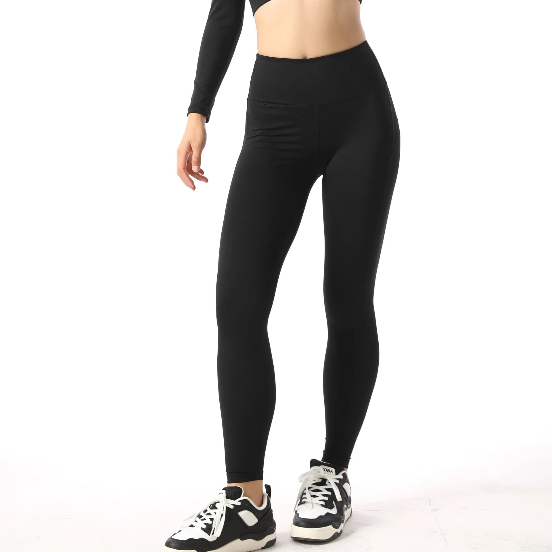 Black Square Neck Tight High Elastic Skinny Yoga Sports Long Sleeves Fashion Compression Pants Fitness Leggings Workout Tights