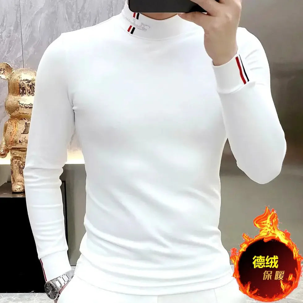 Autumn New Men Chic Thicken T-Shirts Thermal Half High Collar Bottoming Cootrast Color Long Sleeve Elastic Slim All-match Tops