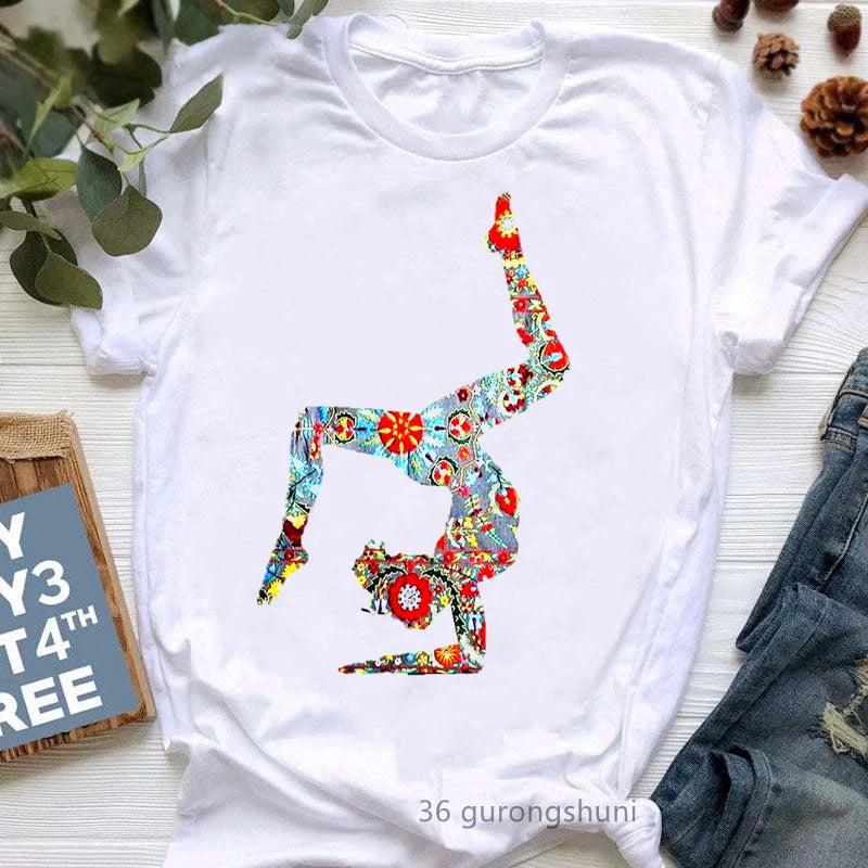 Yoga Tree Growing From A Lady Print Tshirt Girls White Funny Casual T Shirt Femme Buddha Chakra Meditation T-Shirt Women Tops