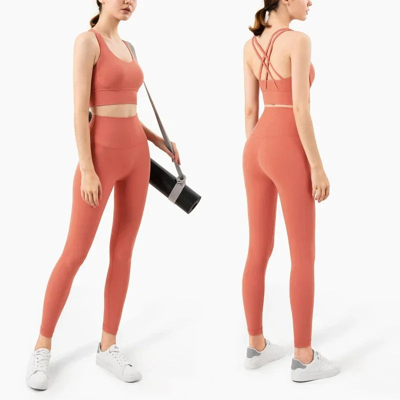 Summer New 2 Piece Yoga Clothes  Women's Tracksuit Athletic Cross Back Nylon Yoga Top Women Sports Bra Leggings Pilates Fitness