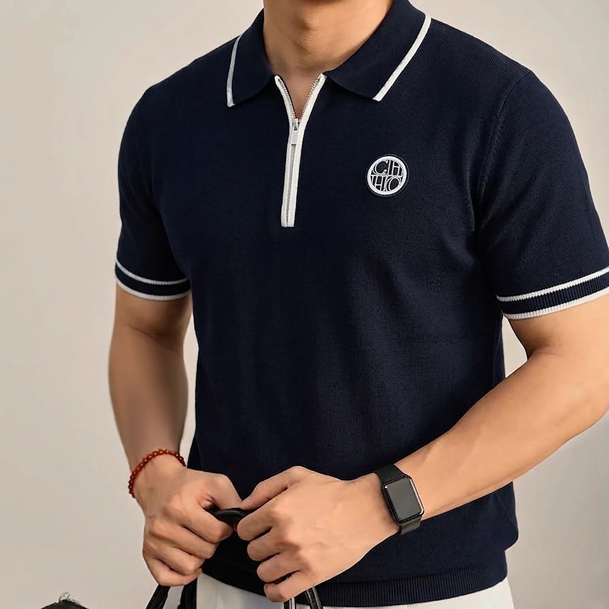 CHCH Men's Polo New Fashion Summer Half Zipper Design Men's Short Sleeves Classic Commuting Leisure Badge Design Men's Polo
