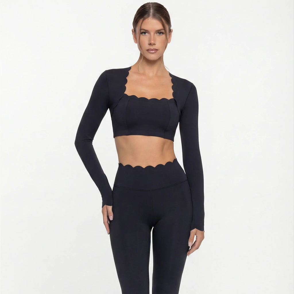 Black Square Neck Tight High Elastic Skinny Yoga Sports Long Sleeves Fashion Compression Pants Fitness Leggings Workout Tights