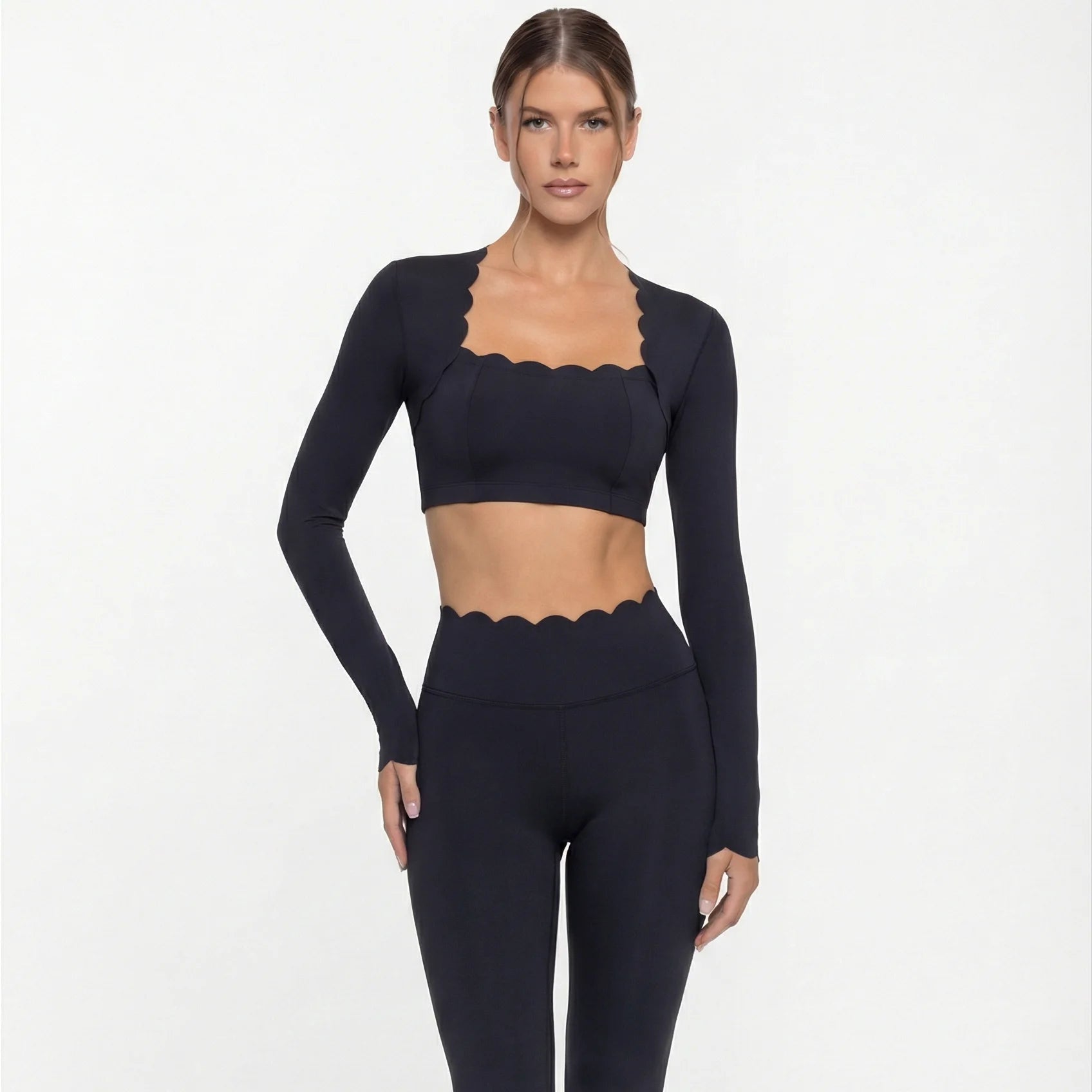 Black Square Neck Tight High Elastic Skinny Yoga Sports Long Sleeves Fashion Compression Pants Fitness Leggings Workout Tights