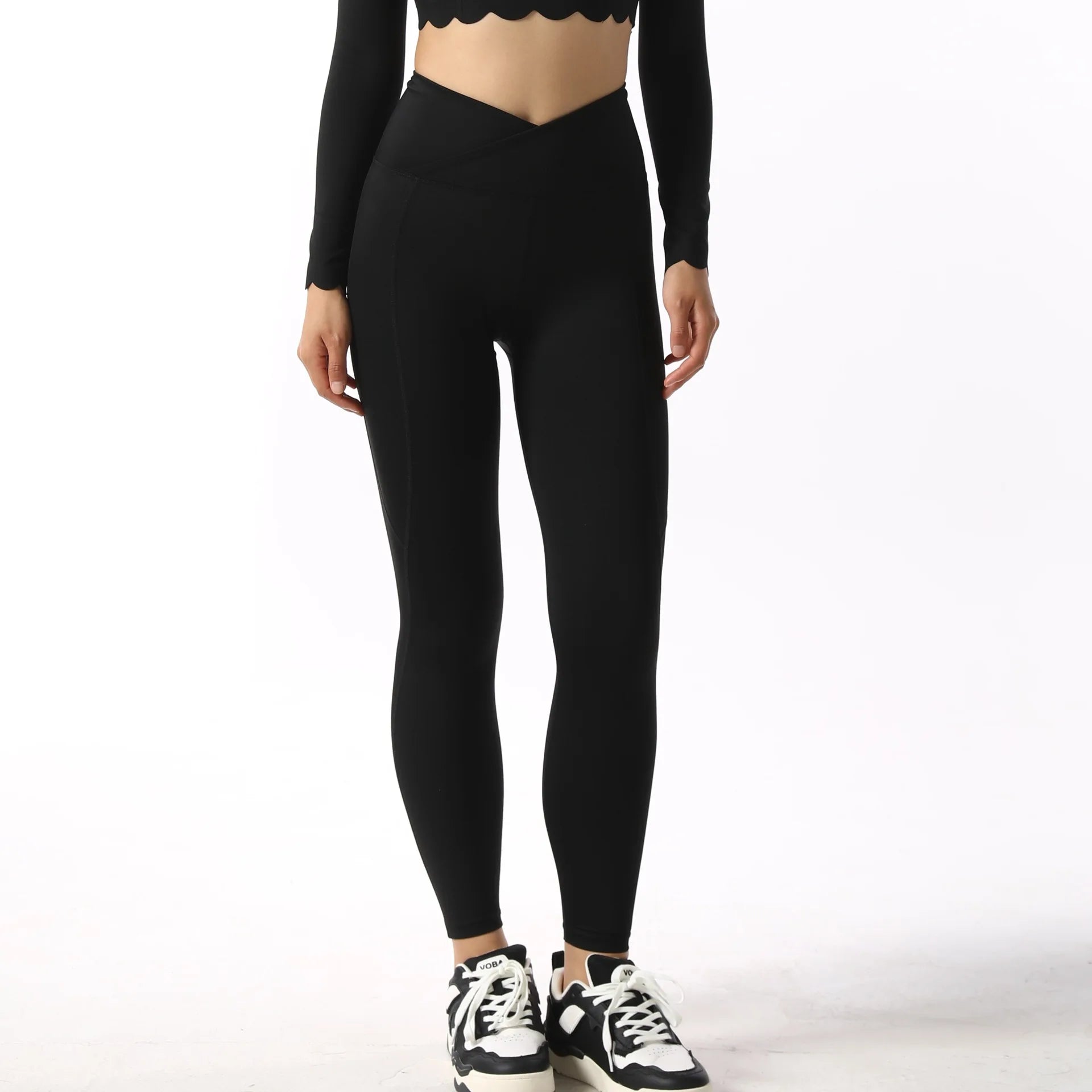 Black Square Neck Tight High Elastic Skinny Yoga Sports Long Sleeves Fashion Compression Pants Fitness Leggings Workout Tights