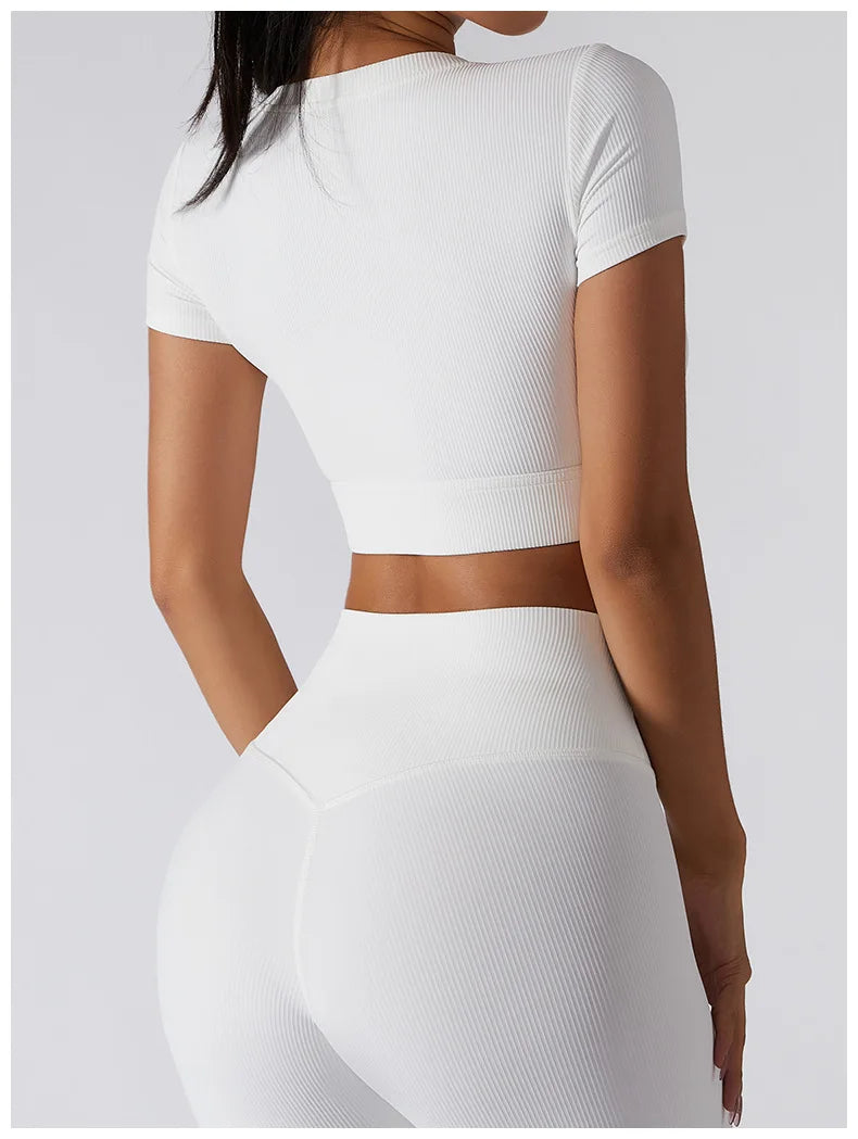 Women's Seamless Tops Short Sleeve Deep V Neck Yoga Shirts Fitness Crop Top Women Yoga Shirts Sportswear Gym Clothes