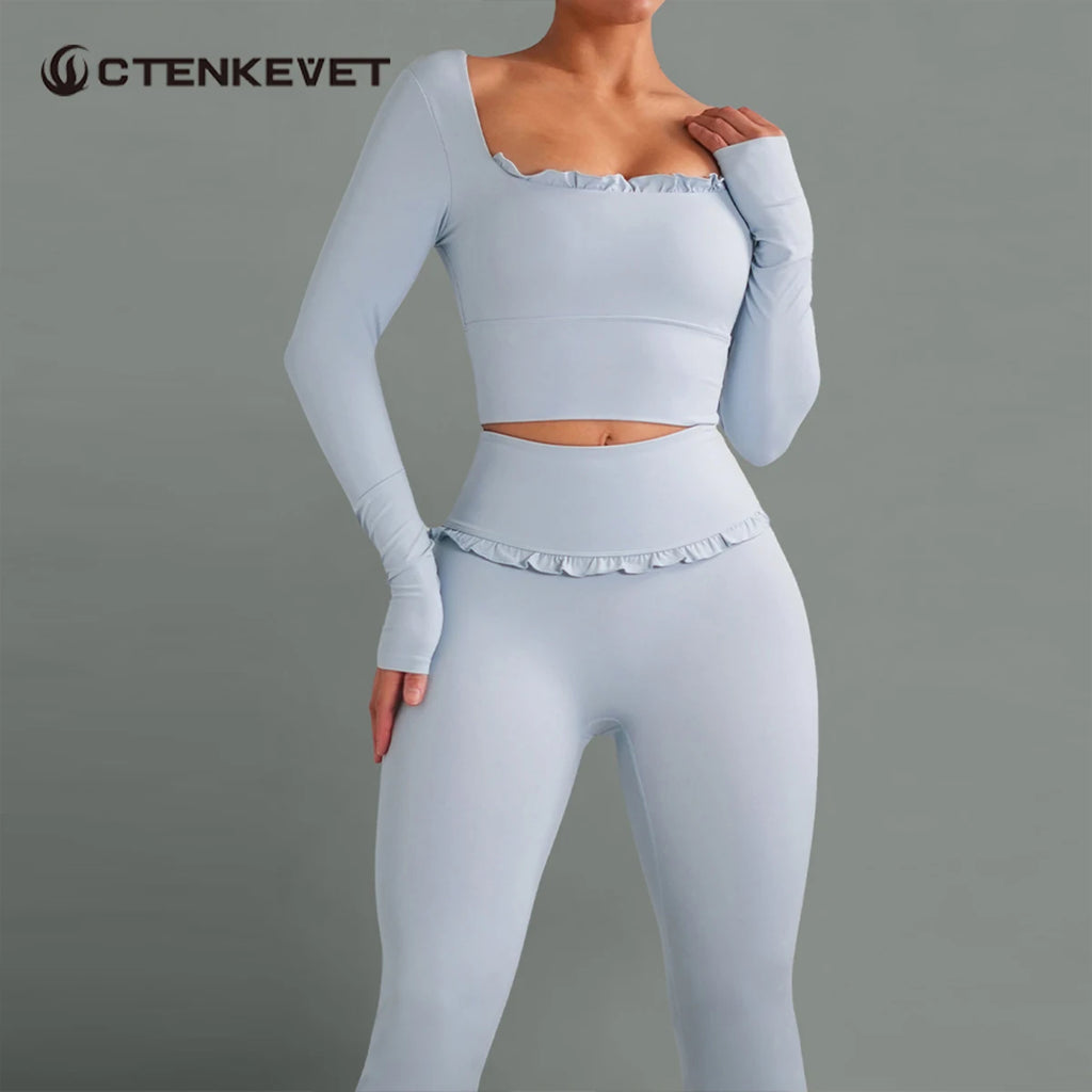 Fall/Winter 2Pcs Women Gym Yoga Female Outfit Outdoor Sports Quick-Dry Long-Sleeved Shirt Set Woman Two-Piece Suit Sportswear