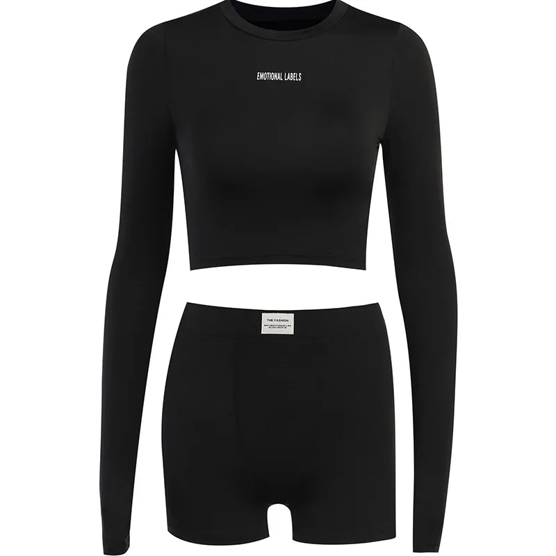 European and American Spring/Summer Round Neck Long Short sleeved 3/4 Shorts Two piece Women's Fashion Sports Versatile Set