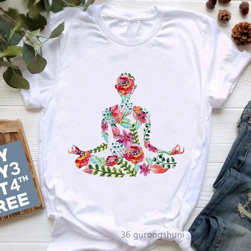 Yoga Tree Growing From A Lady Print Tshirt Girls White Funny Casual T Shirt Femme Buddha Chakra Meditation T-Shirt Women Tops