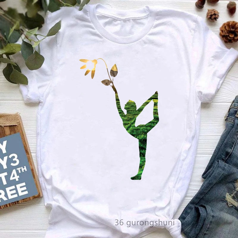 Yoga Tree Growing From A Lady Print Tshirt Girls White Funny Casual T Shirt Femme Buddha Chakra Meditation T-Shirt Women Tops
