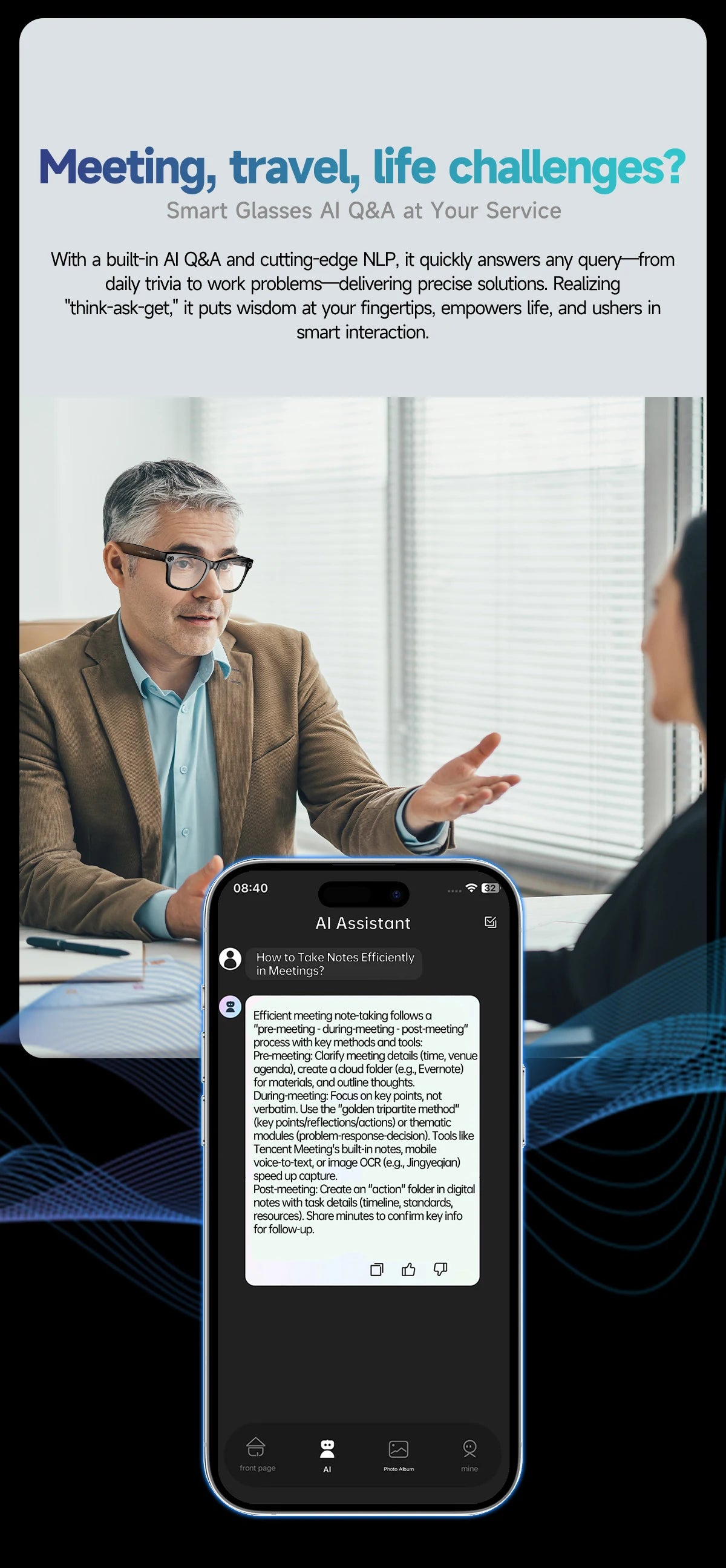 AI Smart Glasses with 8MP Camera Video Recording 100+ Languages Translation
