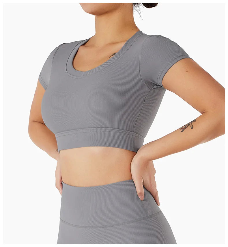 Women's Seamless Tops Short Sleeve Deep V Neck Yoga Shirts Fitness Crop Top Women Yoga Shirts Sportswear Gym Clothes