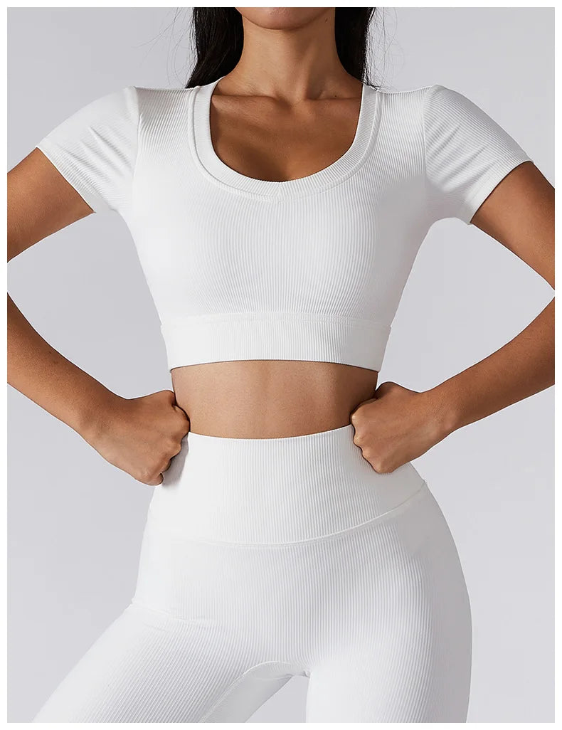 Women's Seamless Tops Short Sleeve Deep V Neck Yoga Shirts Fitness Crop Top Women Yoga Shirts Sportswear Gym Clothes