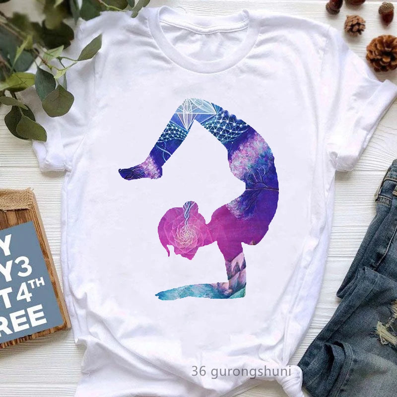 Yoga Tree Growing From A Lady Print Tshirt Girls White Funny Casual T Shirt Femme Buddha Chakra Meditation T-Shirt Women Tops