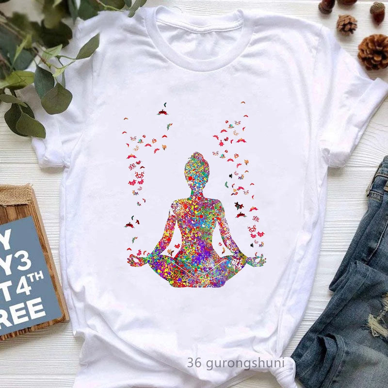 Yoga Tree Growing From A Lady Print Tshirt Girls White Funny Casual T Shirt Femme Buddha Chakra Meditation T-Shirt Women Tops