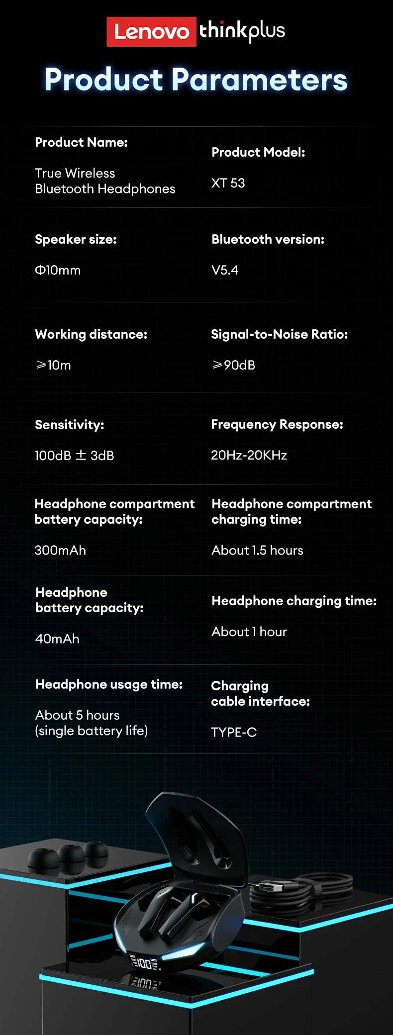 Original Lenovo XT53 Bluetooth V5.4 Earphones LED Power Display Gaming Headphones