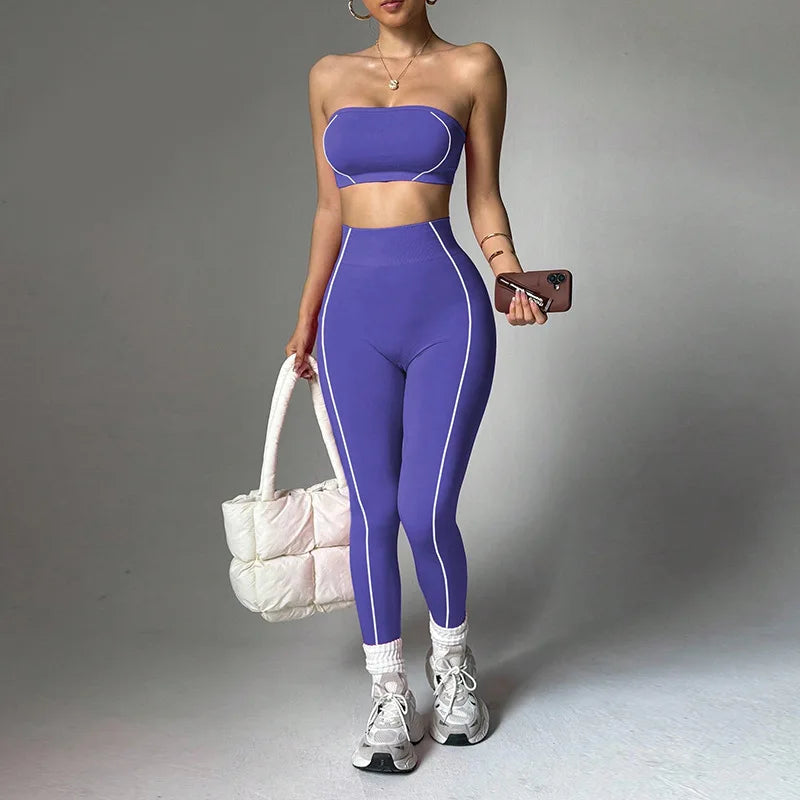 Yoga wear set, women's color-blocking corset top, peach-butt slim-fit long pants, fitness sportswear