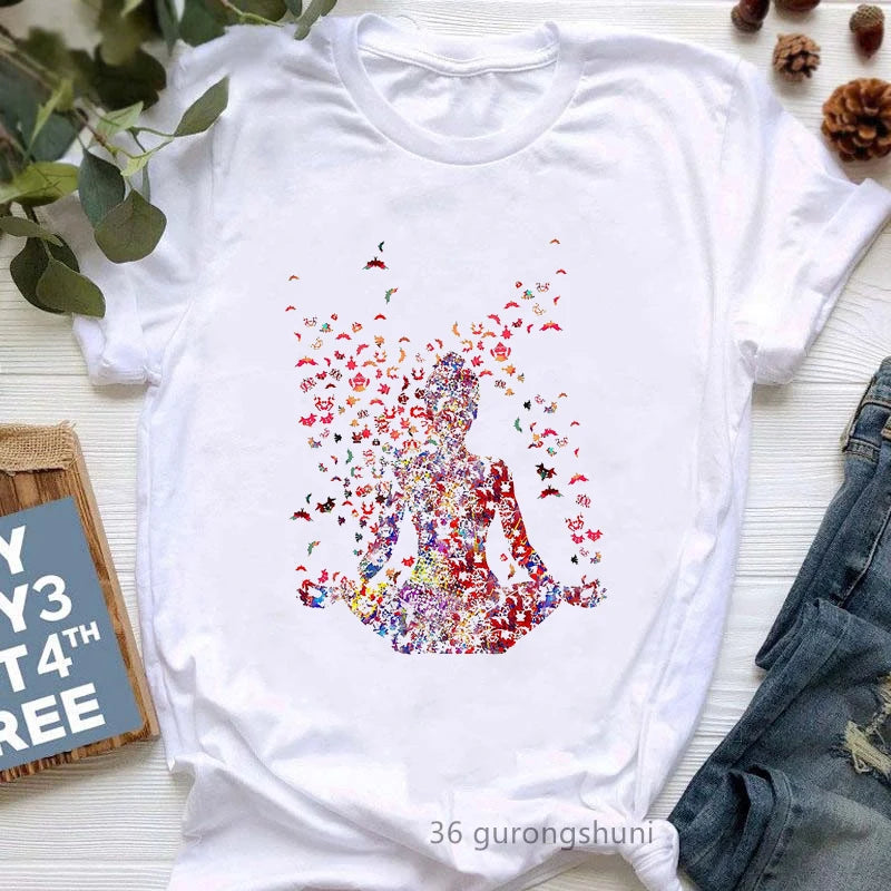 Yoga Tree Growing From A Lady Print Tshirt Girls White Funny Casual T Shirt Femme Buddha Chakra Meditation T-Shirt Women Tops