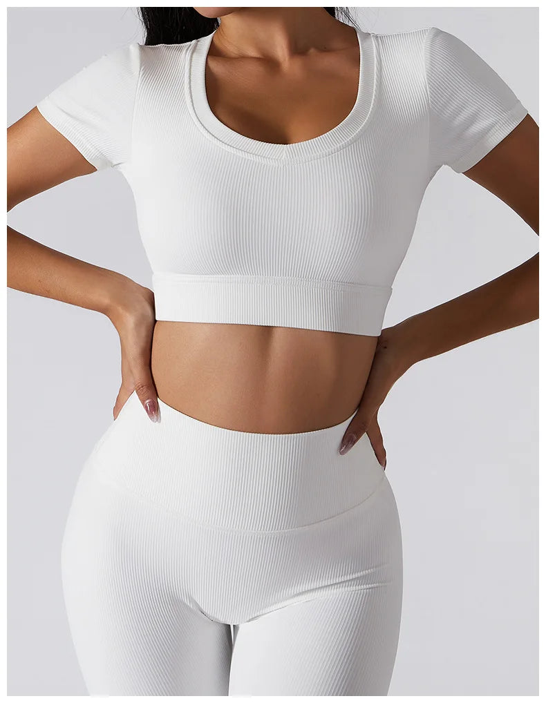 Women's Seamless Tops Short Sleeve Deep V Neck Yoga Shirts Fitness Crop Top Women Yoga Shirts Sportswear Gym Clothes