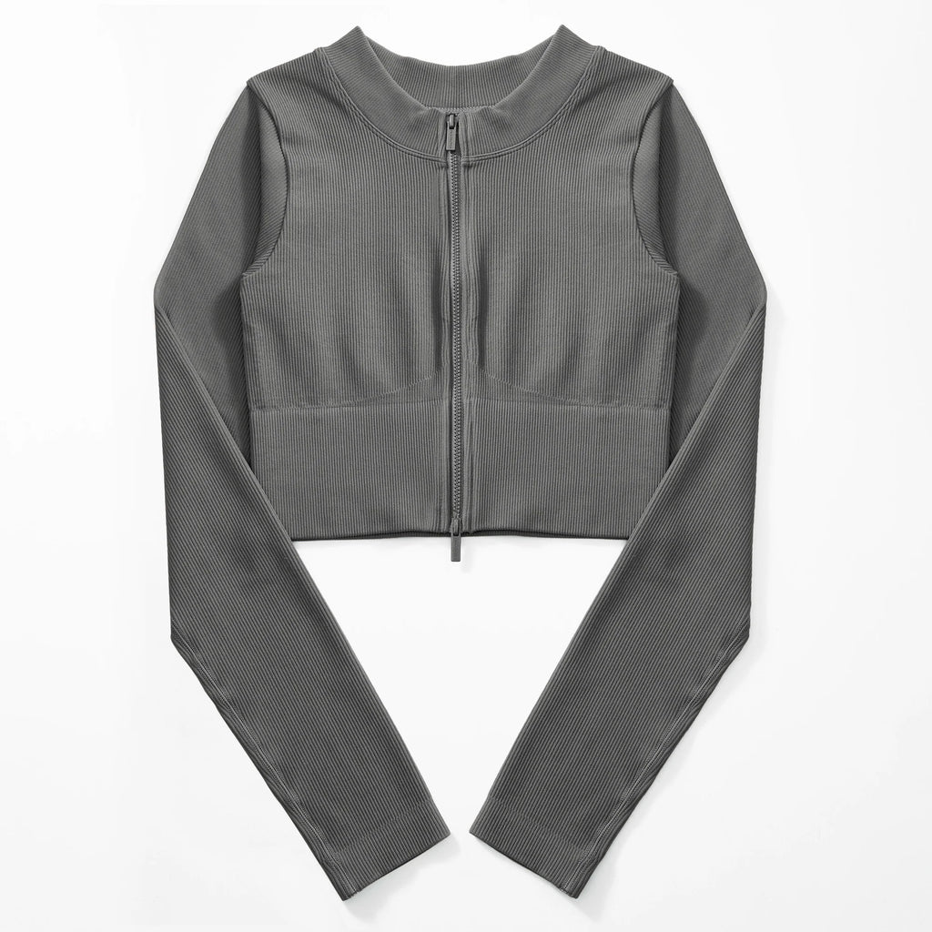 Yoga Shirt Woman Autumn Winter Ribbed Long Sleeve Sports Top Running Training Fitness Top Shockproof Zipper Yoga Tops Women