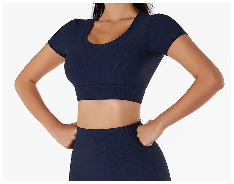 Women's Seamless Tops Short Sleeve Deep V Neck Yoga Shirts Fitness Crop Top Women Yoga Shirts Sportswear Gym Clothes