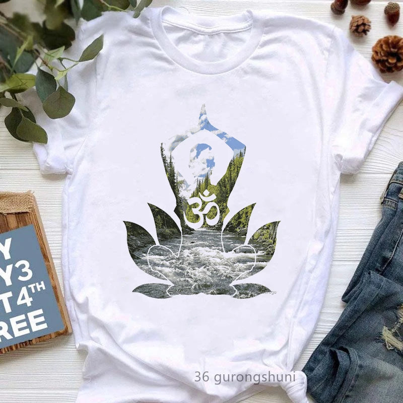 Yoga Tree Growing From A Lady Print Tshirt Girls White Funny Casual T Shirt Femme Buddha Chakra Meditation T-Shirt Women Tops