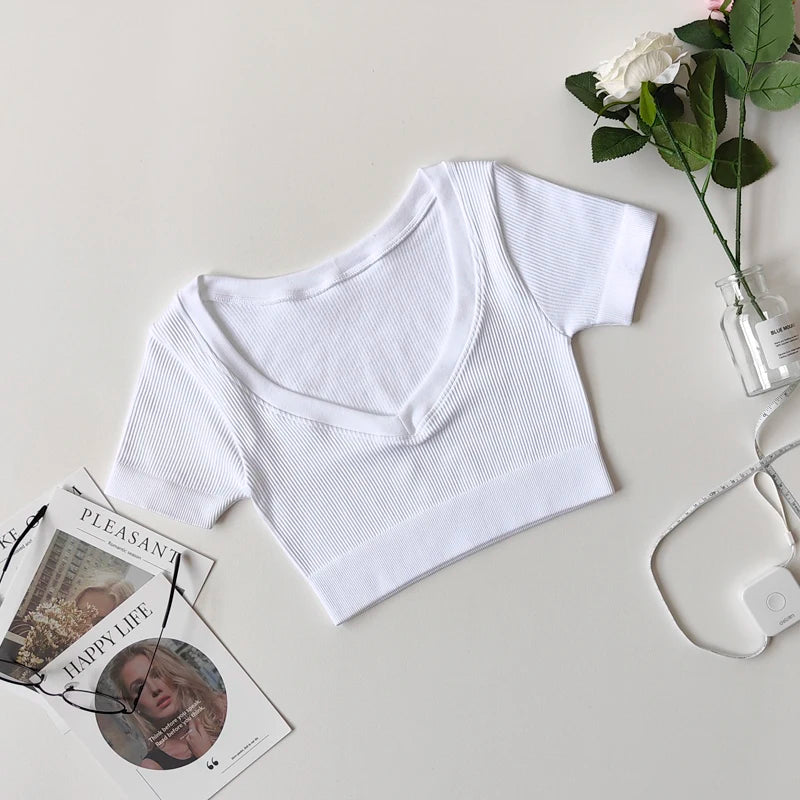 Women's Seamless Tops Short Sleeve Deep V Neck Yoga Shirts Fitness Crop Top Women Yoga Shirts Sportswear Gym Clothes
