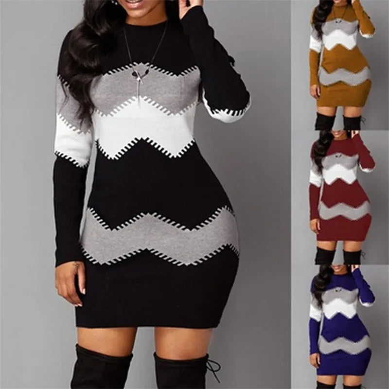 Women Elegant Patchwork Long Sleeve Warm Dress Autumn Winter Rib Knit Sweater Dress Casual Turtleneck Pullover Mini Dresses