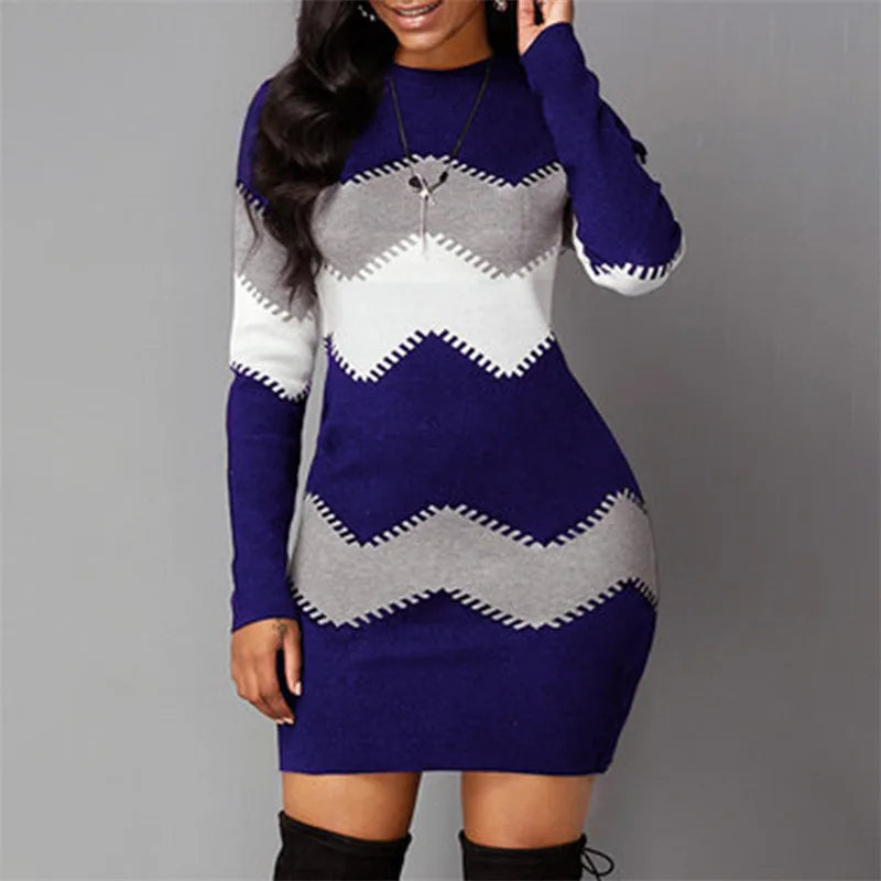 Women Elegant Patchwork Long Sleeve Warm Dress Autumn Winter Rib Knit Sweater Dress Casual Turtleneck Pullover Mini Dresses