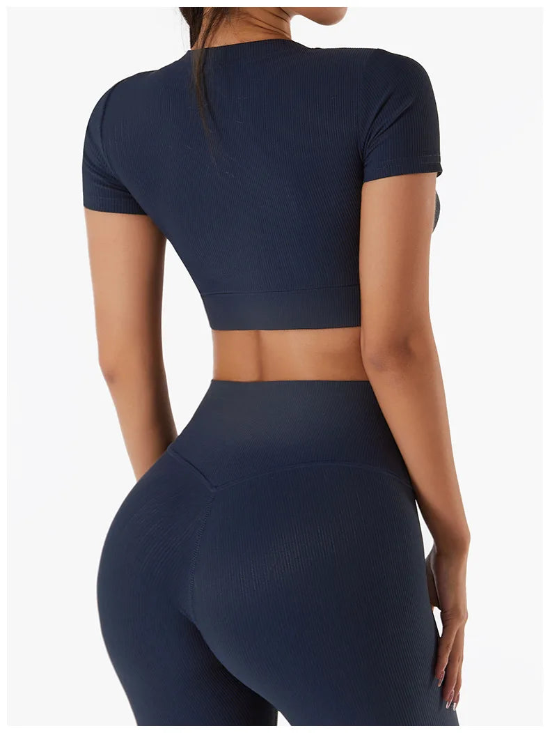 Women's Seamless Tops Short Sleeve Deep V Neck Yoga Shirts Fitness Crop Top Women Yoga Shirts Sportswear Gym Clothes