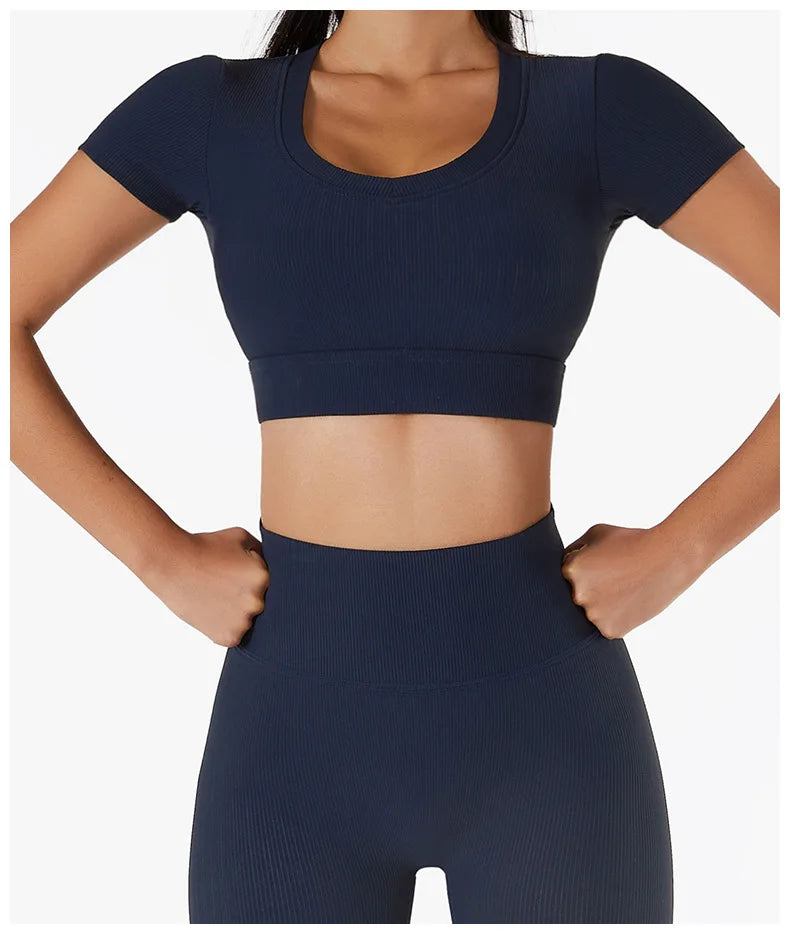Women's Seamless Tops Short Sleeve Deep V Neck Yoga Shirts Fitness Crop Top Women Yoga Shirts Sportswear Gym Clothes