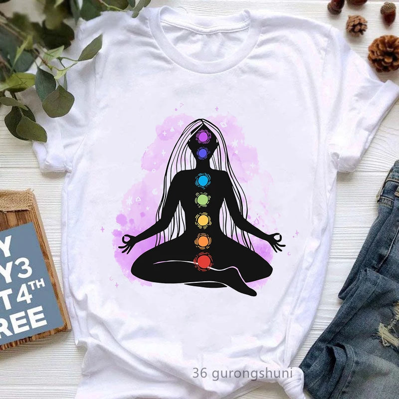 Yoga Tree Growing From A Lady Print Tshirt Girls White Funny Casual T Shirt Femme Buddha Chakra Meditation T-Shirt Women Tops