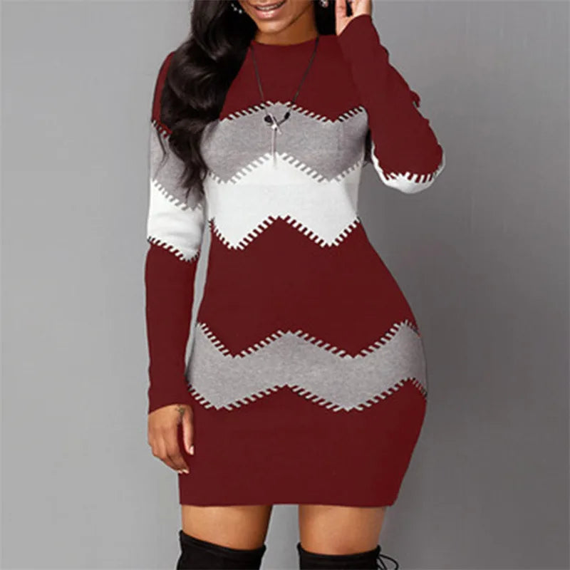 Women Elegant Patchwork Long Sleeve Warm Dress Autumn Winter Rib Knit Sweater Dress Casual Turtleneck Pullover Mini Dresses