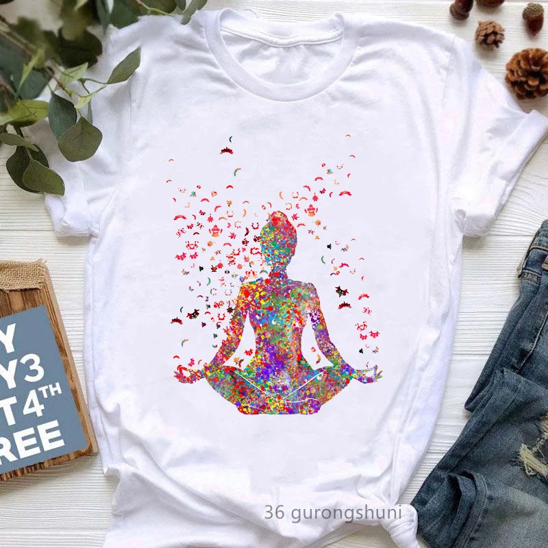 Yoga Tree Growing From A Lady Print Tshirt Girls White Funny Casual T Shirt Femme Buddha Chakra Meditation T-Shirt Women Tops
