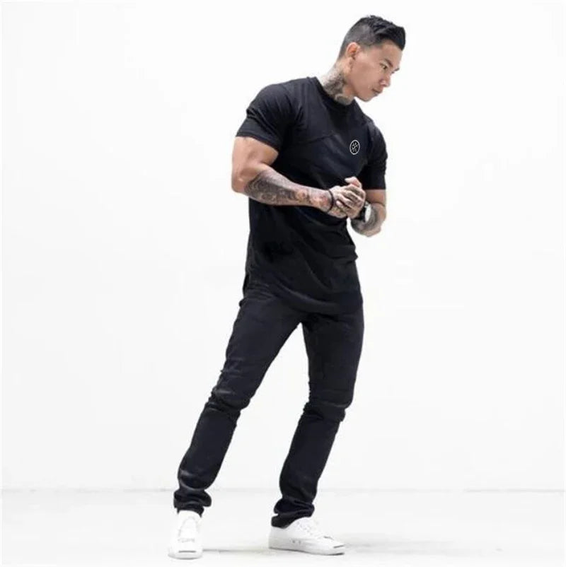 Mens Workout Bodybuilding Muscle Clothing Gym Fitness Cotton Breathable T-shirts Stitching Contrast Color Short Sleeve Shirts