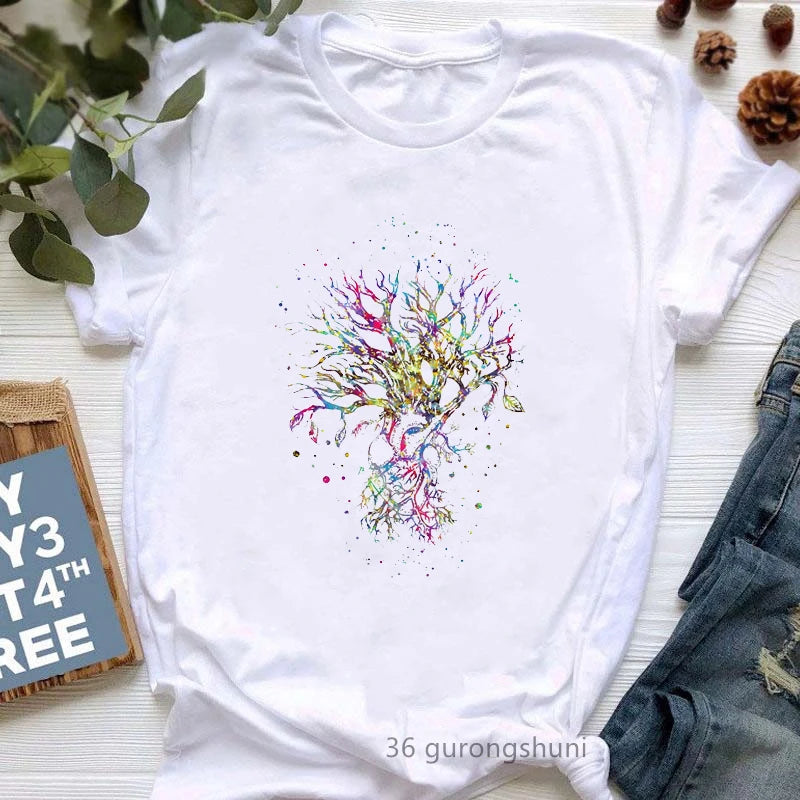 Yoga Tree Growing From A Lady Print Tshirt Girls White Funny Casual T Shirt Femme Buddha Chakra Meditation T-Shirt Women Tops