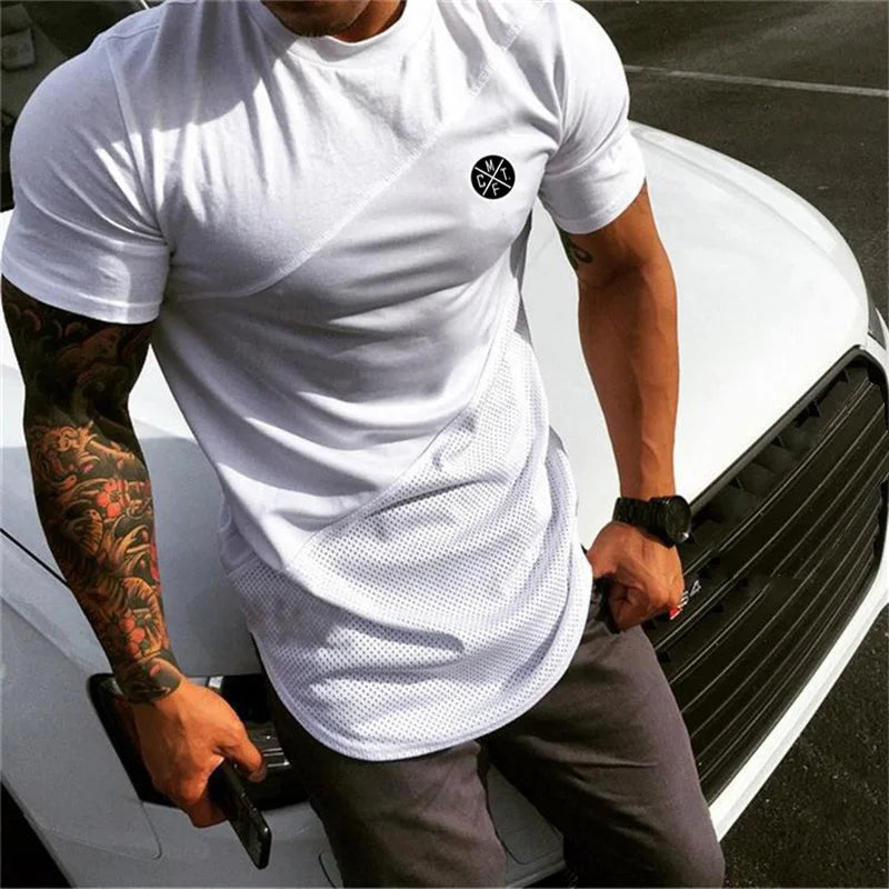 Mens Workout Bodybuilding Muscle Clothing Gym Fitness Cotton Breathable T-shirts Stitching Contrast Color Short Sleeve Shirts