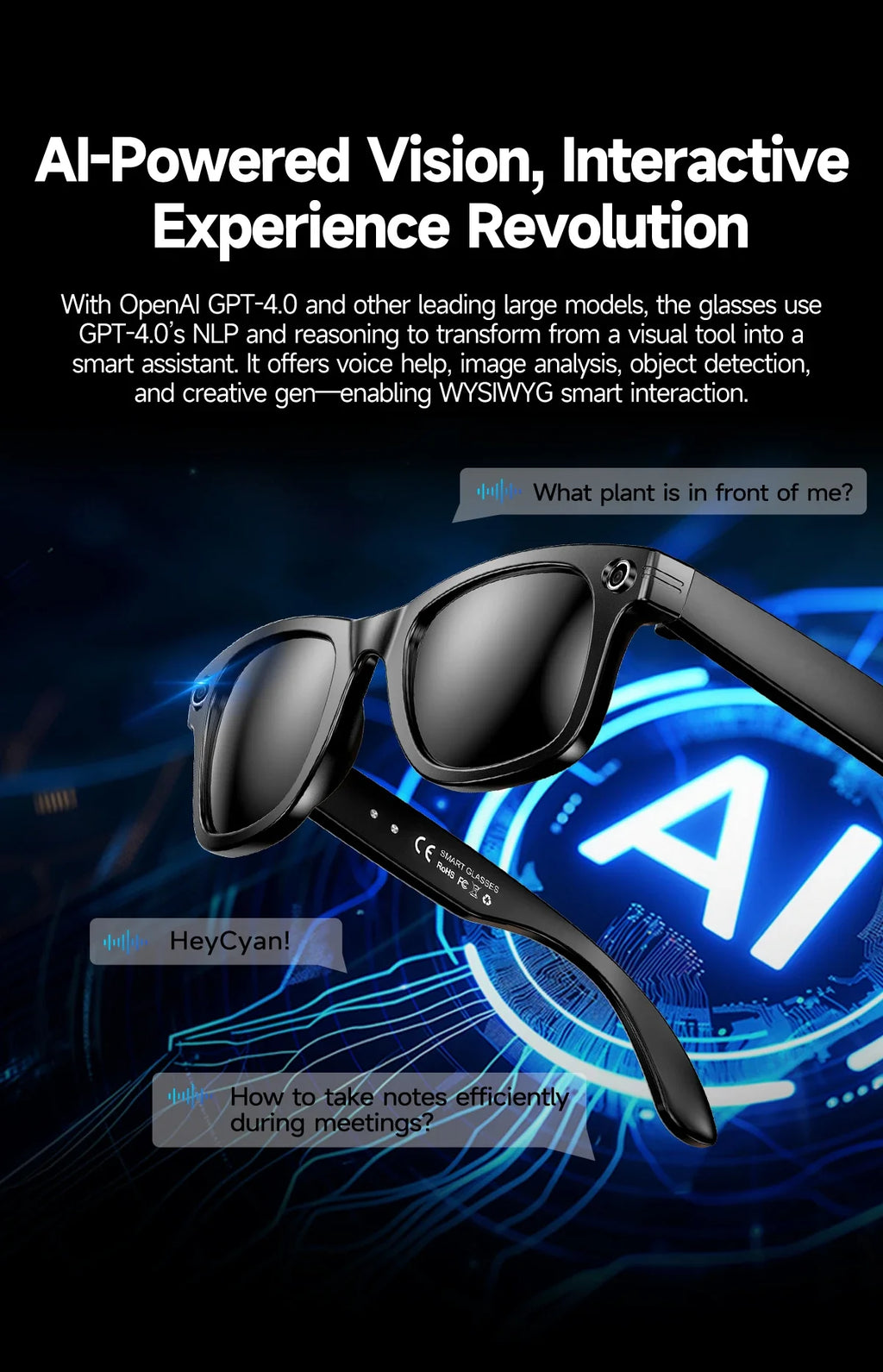 AI Smart Glasses with 8MP Camera Video Recording 100+ Languages Translation